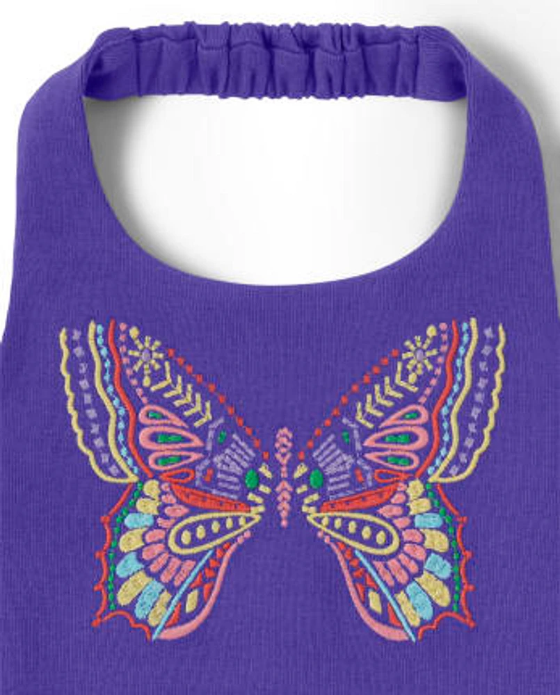 Girls Embroidered Butterfly Halter Top - Music Festival