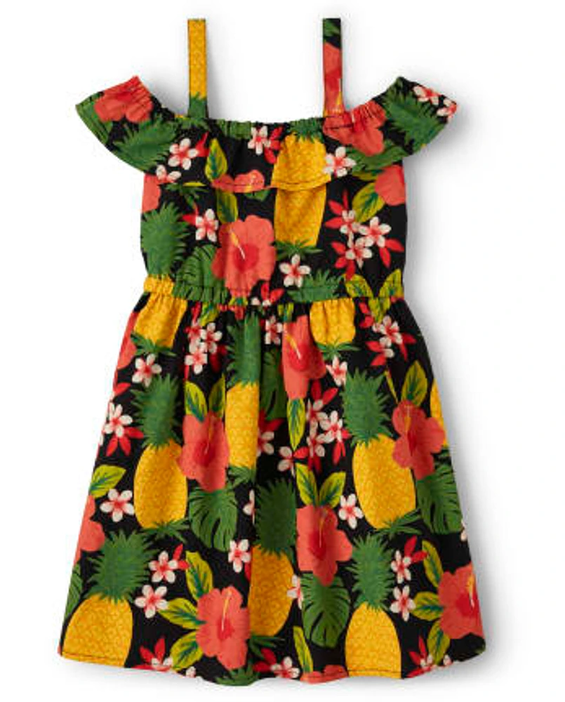 Girls Pineapple Off Shoulder Dress - Punch