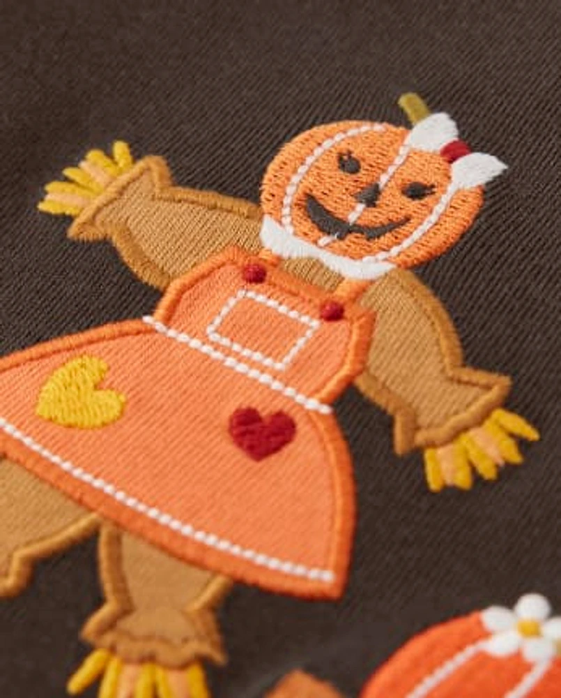 Girls Embroidered Fall Scene Top - Perfect Pumpkin