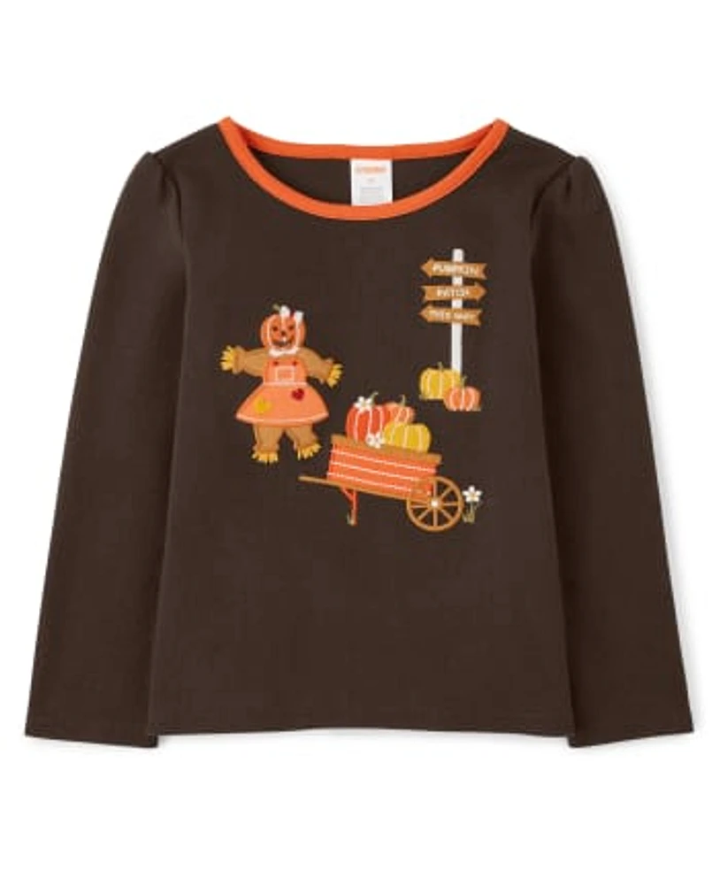 Girls Embroidered Fall Scene Top - Perfect Pumpkin