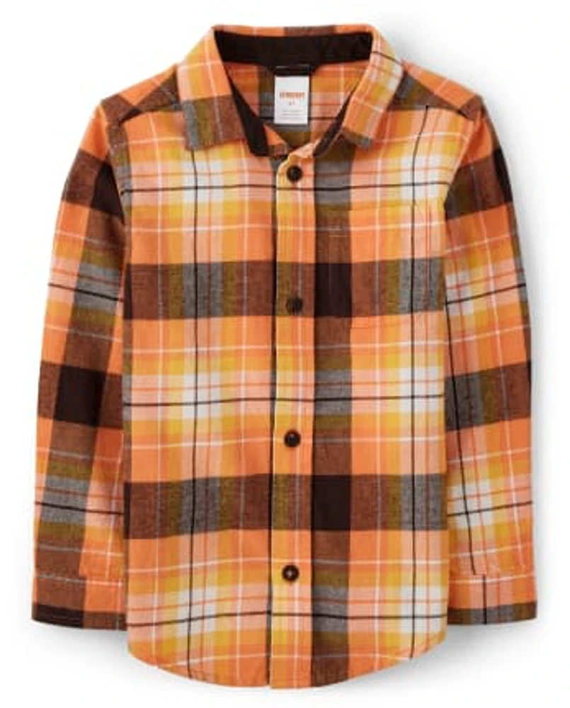 Boys Plaid Button Up Shirt - Perfect Pumpkin