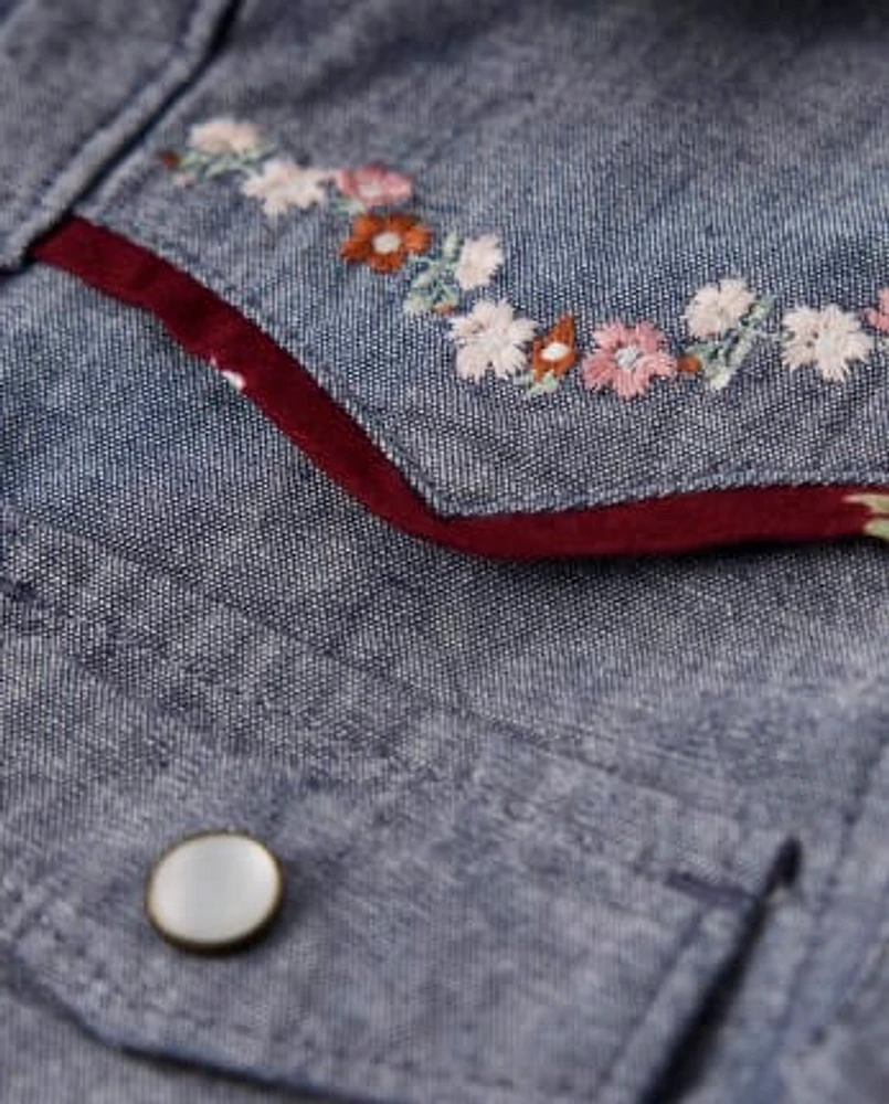 Girls Embroidered Flower Chambray Top - County Fair