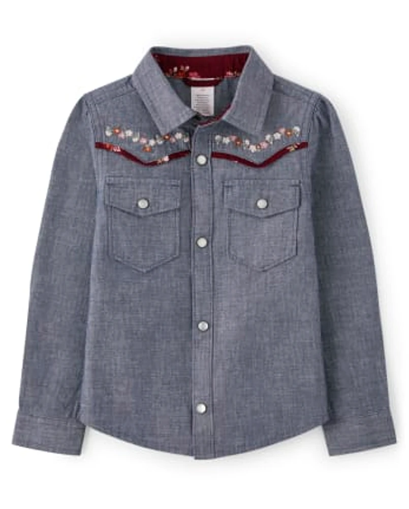 Girls Embroidered Flower Chambray Top - County Fair