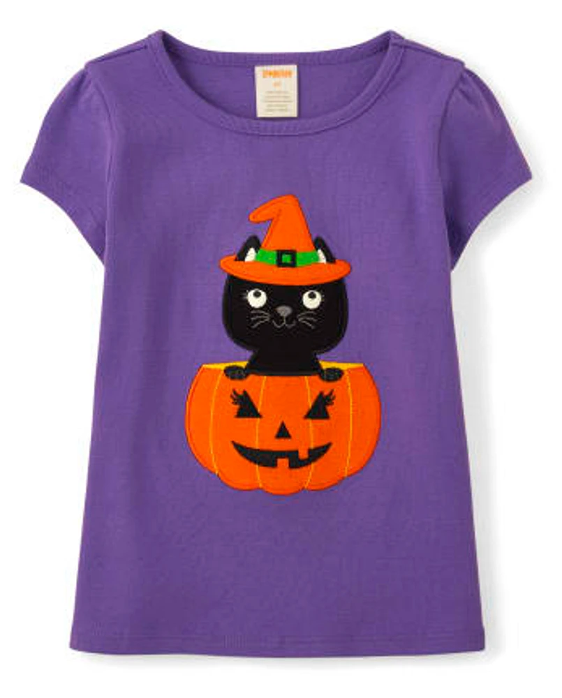 Girls Embroidered Cat Top - Trick or Treat