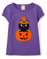 Girls Embroidered Cat Top - Trick or Treat