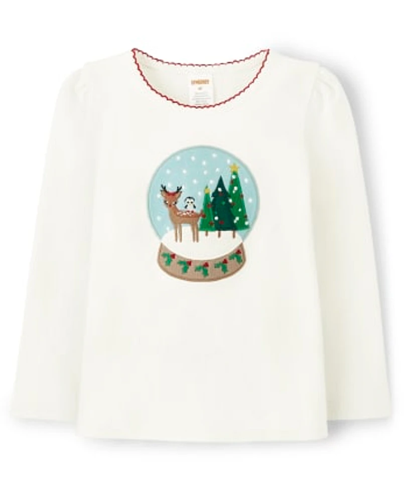 Girls Embroidered Snow Globe Top - Holiday Express