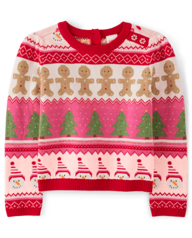 Girls Intarsia Christmas Sweater - Gingerbread House