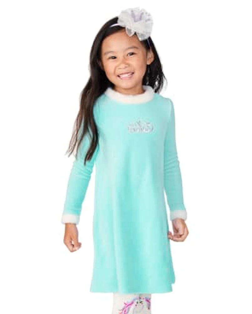 Girls Embroidered Crown Velour Dress - Unicorn Princess