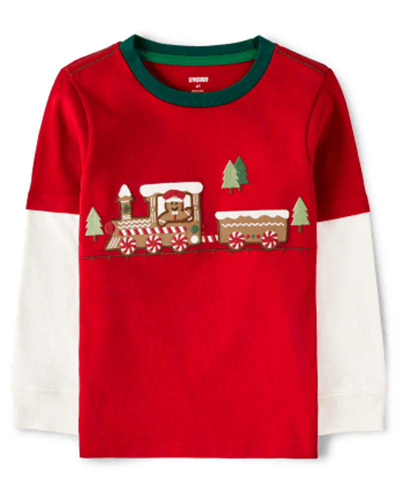 Boys Embroidered Train Layered Top - Gingerbread House