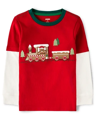 Boys Embroidered Train Layered Top - Gingerbread House