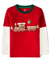 Boys Embroidered Train Layered Top - Gingerbread House