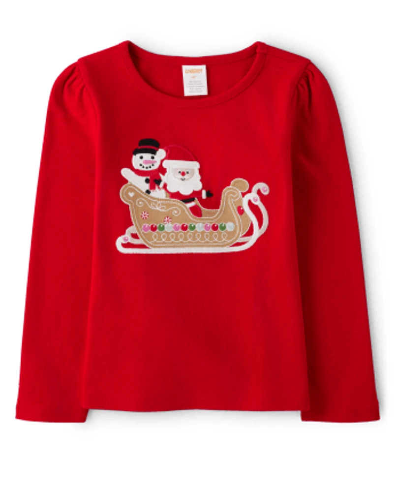 Girls Embroidered Sleigh Top - Gingerbread House