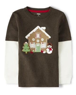 Boys Embroidered Gingerbread House Layered Top