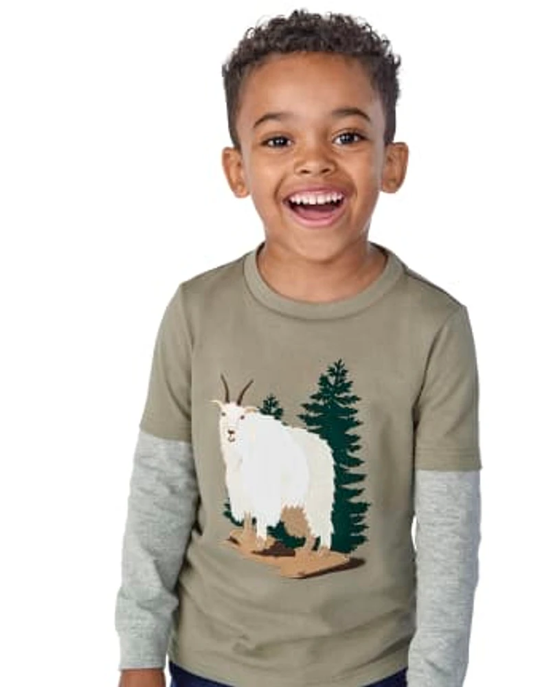 Boys Embroidered Goat Layered Top - Little Rocky Mountain