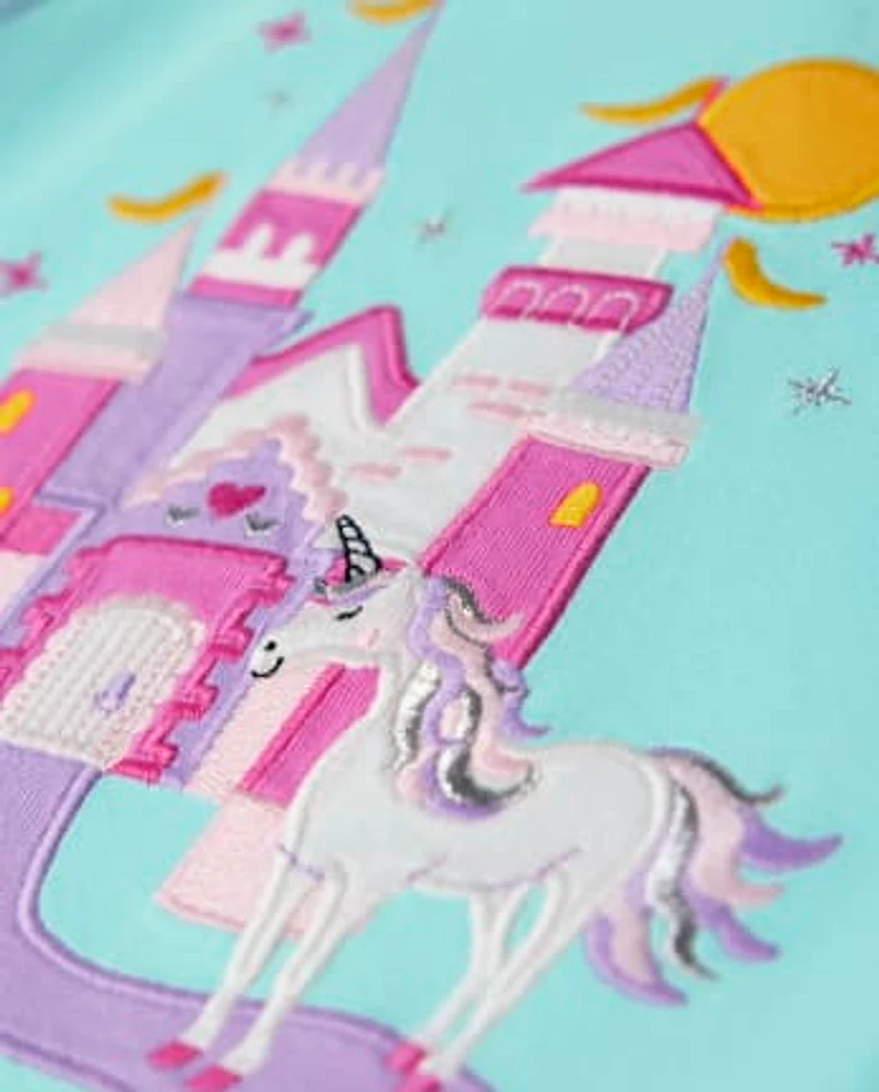 Girls Embroidered Castle Top - Unicorn Princess