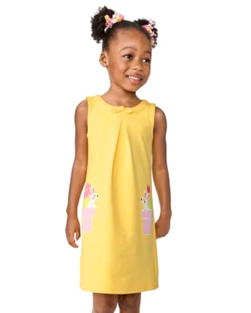 Girls Applique Bunny Ponte Shift Dress - Spring Celebrations