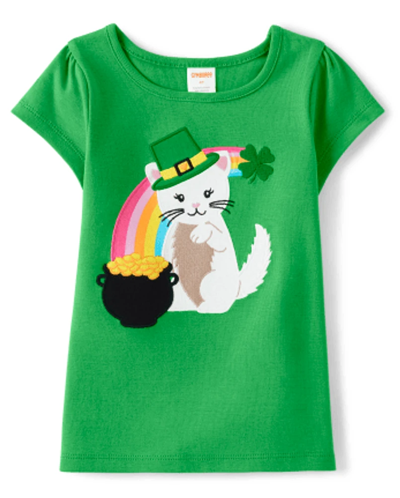 Girls Embroidered Cat Top - Little Leprechaun