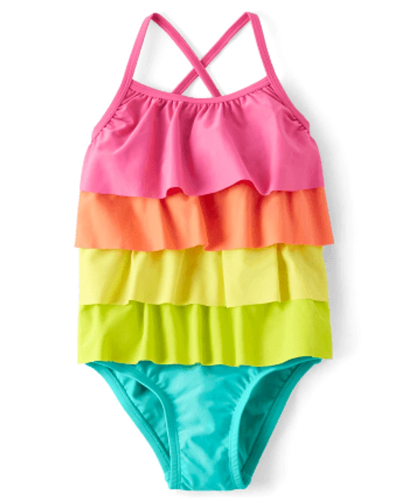 Girls Rainbow Tiered One Piece Swimsuit - Splish-Splash