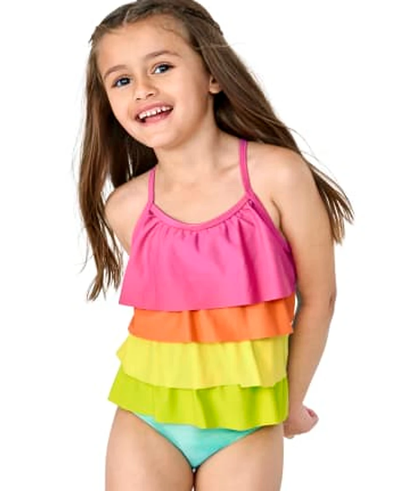 Girls Rainbow Tiered One Piece Swimsuit - Splish-Splash