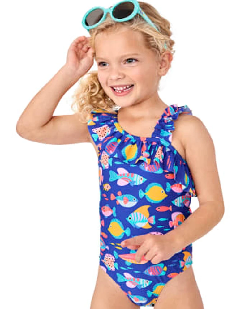 Girls Fish Ruffle One Piece Swimsuit - Splish-Splash