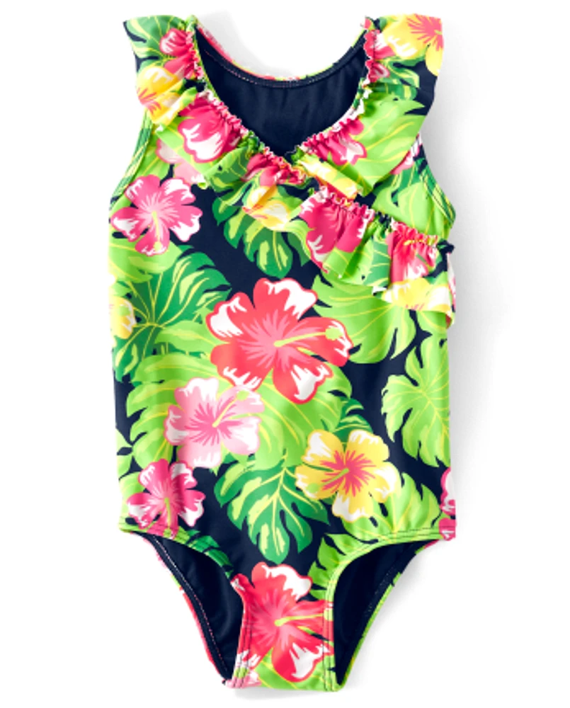 Girls Matching Family Tropical Ruffle One Piece Swimsuit - Aloha