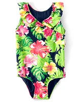 Girls Matching Family Tropical Ruffle One Piece Swimsuit - Aloha