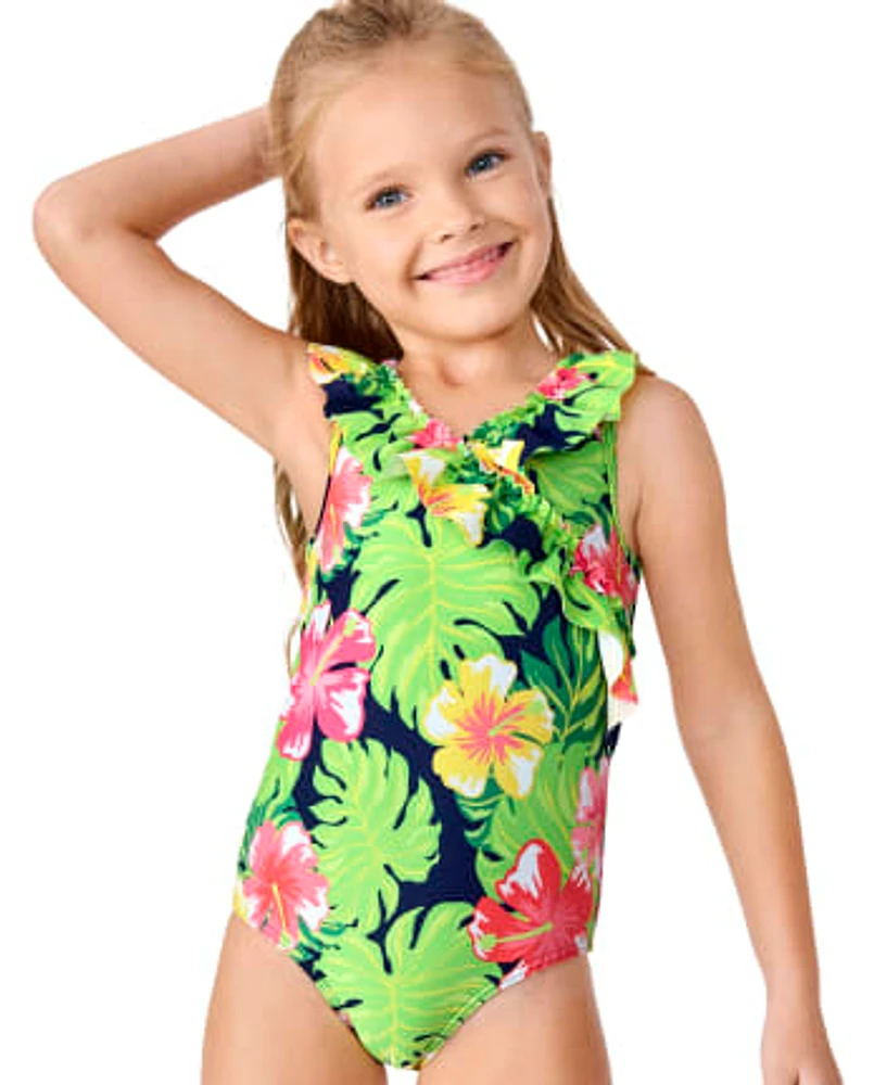 Girls Matching Family Tropical Ruffle One Piece Swimsuit - Aloha