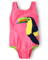 Girls Embroidered Toucan One Piece Swimsuit - Aloha