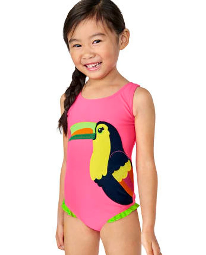 Girls Embroidered Toucan One Piece Swimsuit - Aloha