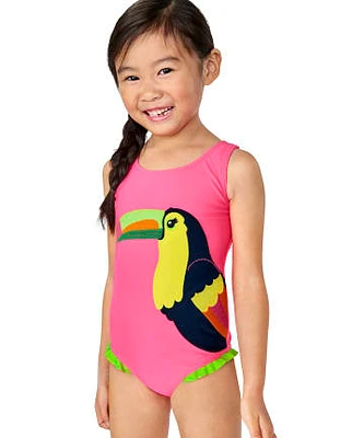 Girls Embroidered Toucan One Piece Swimsuit - Aloha