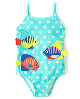 Girls Dot Embroidered Fish One Piece Swimsuit - Splish-Splash