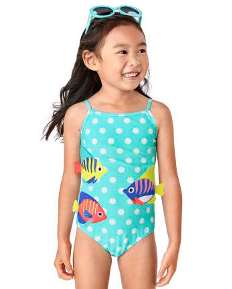 Girls Dot Embroidered Fish One Piece Swimsuit - Splish-Splash