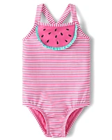 Girls Striped Embroidered Watermelon One Piece Swimsuit - Splish-Splash