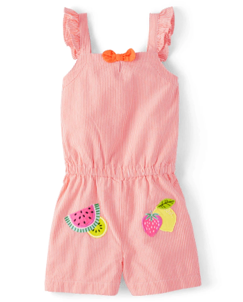 Girls Applique Fruit Seersucker Romper - Festive