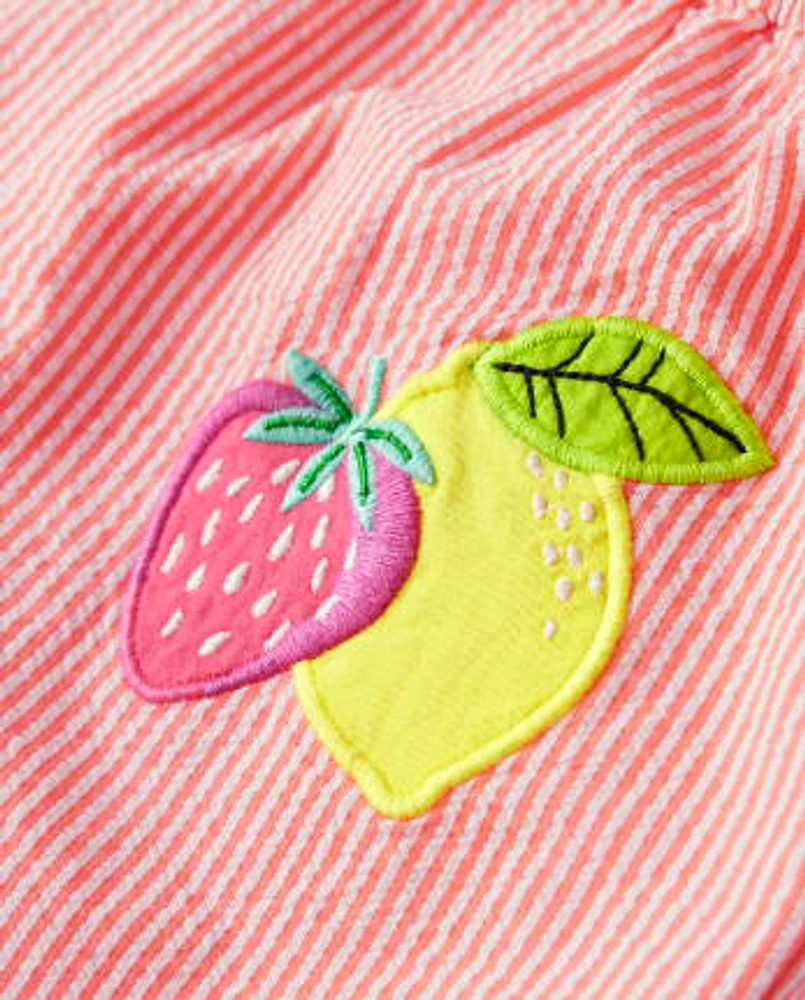 Girls Applique Fruit Seersucker Romper - Festive