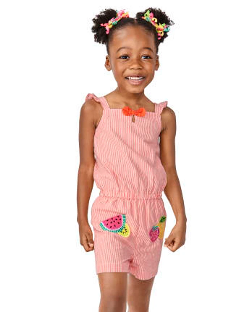 Girls Applique Fruit Seersucker Romper - Festive