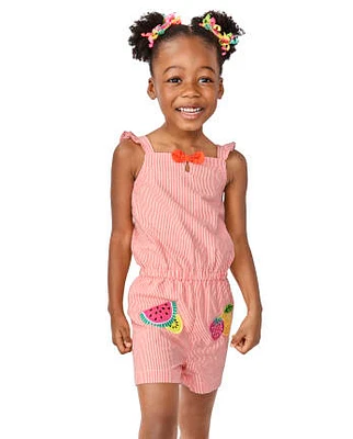 Girls Applique Fruit Seersucker Romper - Festive