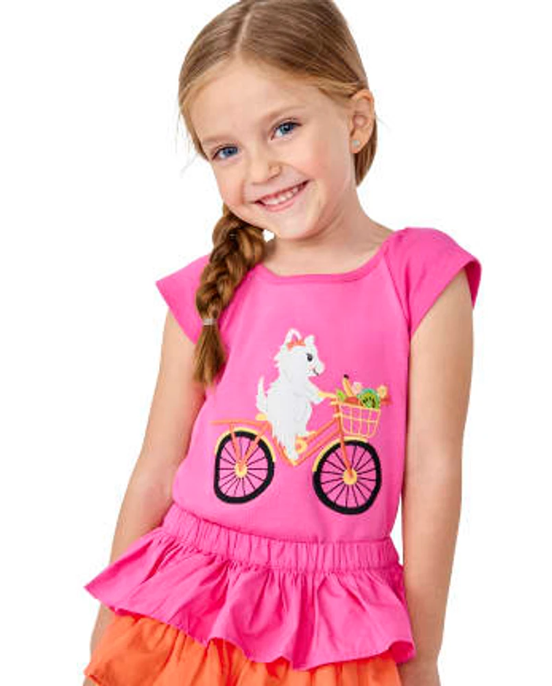 Girls Embroidered Bike Flutter Top - Festive Fruit