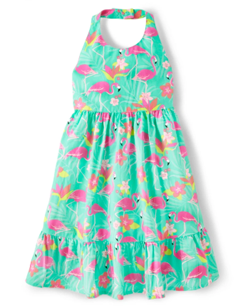 Girls Matching Family Flamingo Halter Dress - Tropical Paradise