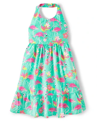 Girls Matching Family Flamingo Halter Dress - Tropical Paradise