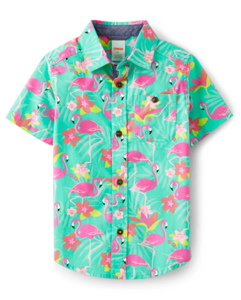 Boys Matching Family Flamingo Button Up Shirt - Tropical Paradise