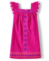 Girls Embroidered Shapes Tassel Dress - Island Spice