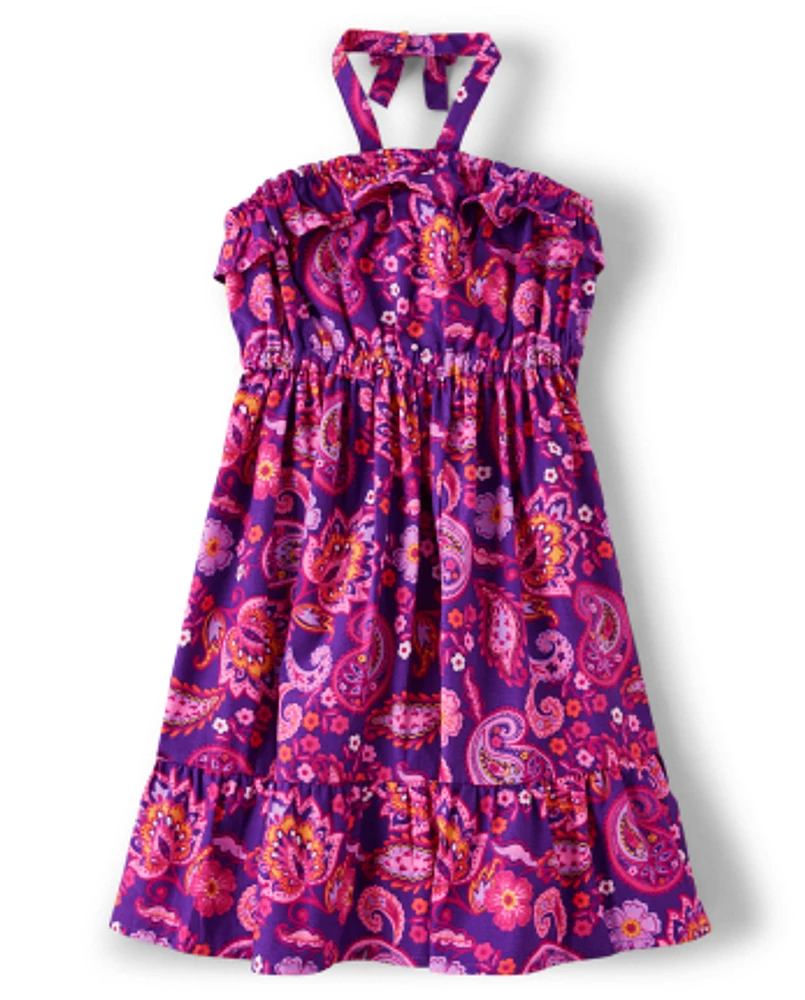 Girls Paisley Halter Dress - Island Spice