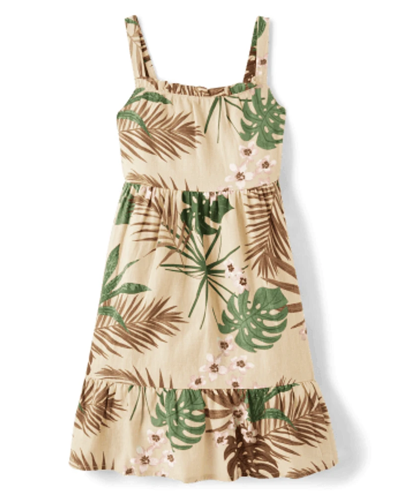 Girls Matching Family Palm Ruffle Dress - Safari