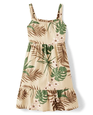 Girls Matching Family Palm Ruffle Dress - Safari