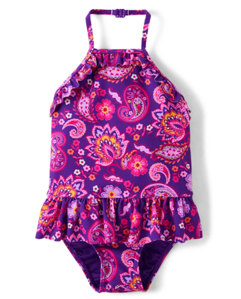 Maillot de bain une pièce à volants fille motif cachemire - Splish-Splash