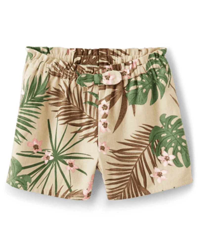 Girls Palm Paperbag Waist Shorts - Safari