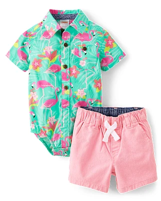 Baby Boys Matching Family Flamingo Button Up Bodysuit And Pull On Chino Shorts Set - Tropical Paradise