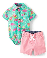 Bébé Garçons Famille assorti Flamingo Button Up Body And Pull On coton chino Short Ensemble - Tropical Paradise