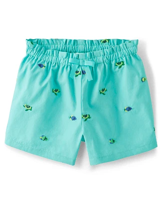 Girls Schiffli Turtle Fish Paperbag Waist Shorts - Save the Seas